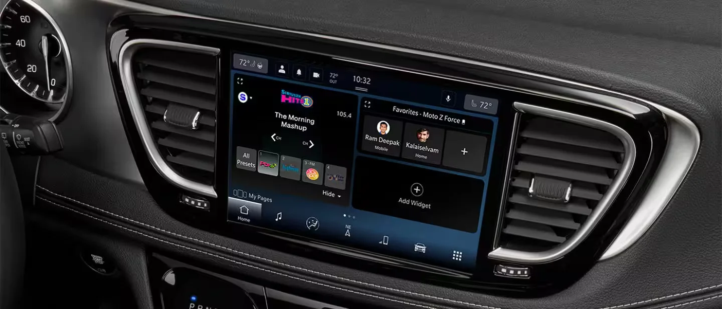 2026 Chrysler Pacifica center dashboard touchscreen closeup with app icons and controls